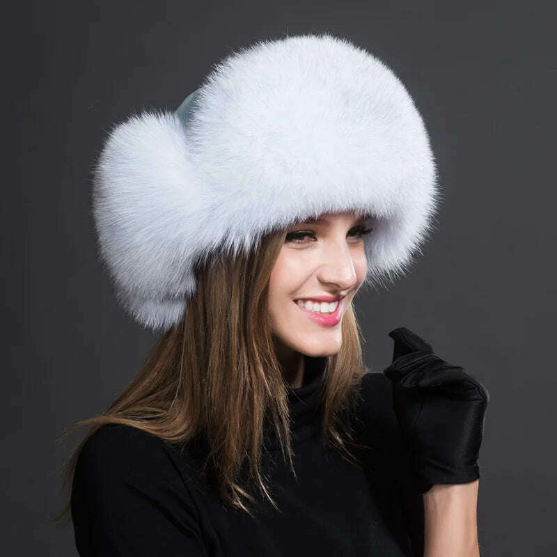 KIMLUD, Winter Fur Hat Real Raccoon Fur Hat Natural Fur Bomber Hat With Ear Flaps For Women Skiing Hat Outdoor Earflap Hat Thick Fur Hat, Natural Fox, KIMLUD Women's Clothes