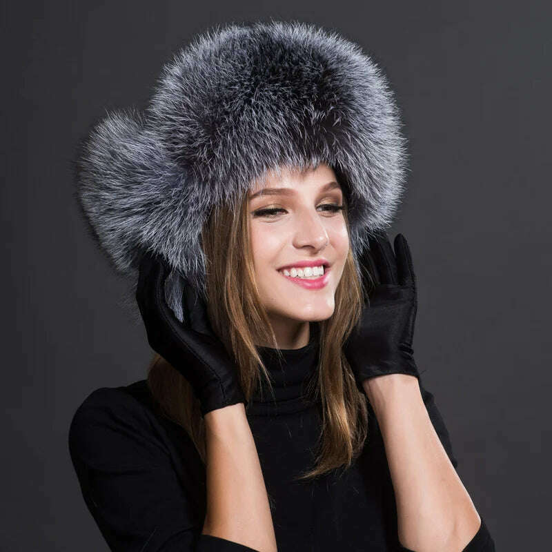 KIMLUD, Winter Fur Hat Real Raccoon Fur Hat Natural Fur Bomber Hat With Ear Flaps For Women Skiing Hat Outdoor Earflap Hat Thick Fur Hat, Silver Fox Color, KIMLUD Women's Clothes
