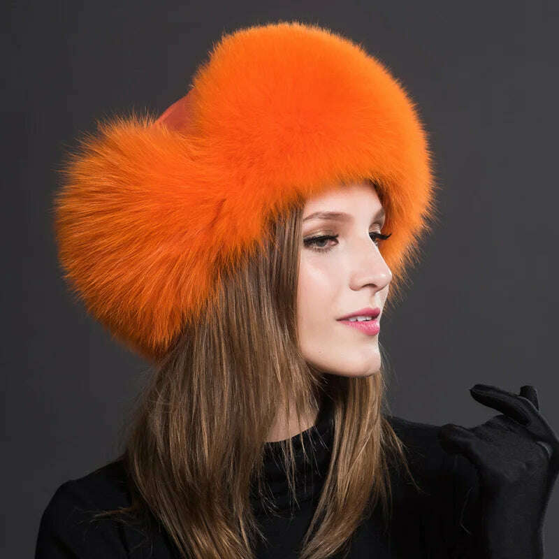 KIMLUD, Winter Fur Hat Real Raccoon Fur Hat Natural Fur Bomber Hat With Ear Flaps For Women Skiing Hat Outdoor Earflap Hat Thick Fur Hat, Orange, KIMLUD Women's Clothes