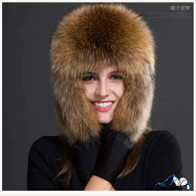 KIMLUD, Winter Fur Hat Real Raccoon Fur Hat Natural Fur Bomber Hat With Ear Flaps For Women Skiing Hat Outdoor Earflap Hat Thick Fur Hat, KIMLUD Womens Clothes