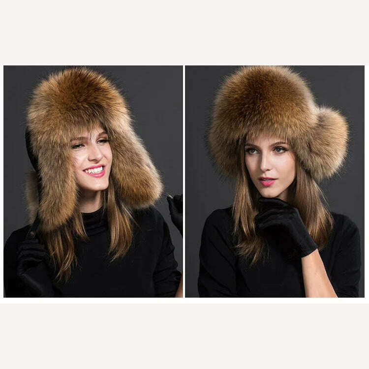 KIMLUD, Winter Fur Hat Real Raccoon Fur Hat Natural Fur Bomber Hat With Ear Flaps For Women Skiing Hat Outdoor Earflap Hat Thick Fur Hat, KIMLUD Womens Clothes