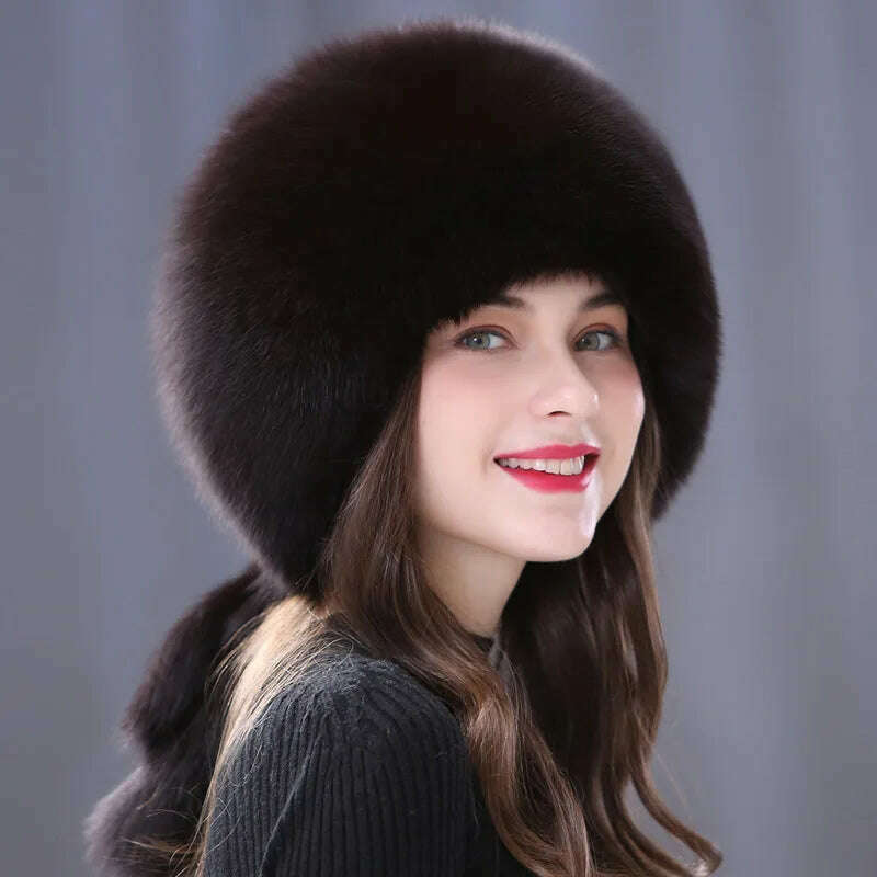 KIMLUD, Winter Fur Hat Women Natural Raccoon Fox Fur Russian Hats Winter Outdoor Thick Warm Bomber Ears Caps, Brown, KIMLUD Womens Clothes
