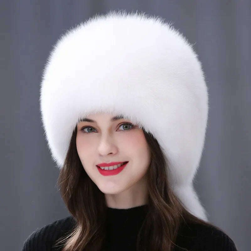 KIMLUD, Winter Fur Hat Women Natural Raccoon Fox Fur Russian Hats Winter Outdoor Thick Warm Bomber Ears Caps, White, KIMLUD Womens Clothes