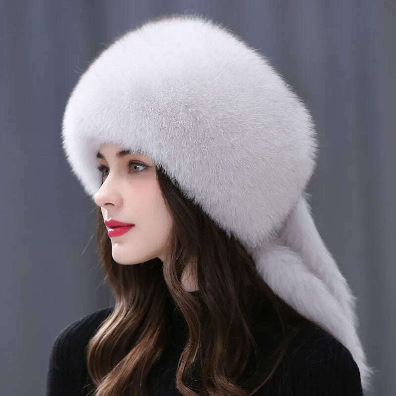 Winter Fur Hat Women Natural Raccoon Fox Fur Russian Hats Winter Outdoor Thick Warm Bomber Ears Caps, Fox Natural Color, KIMLUD Women's Clothes