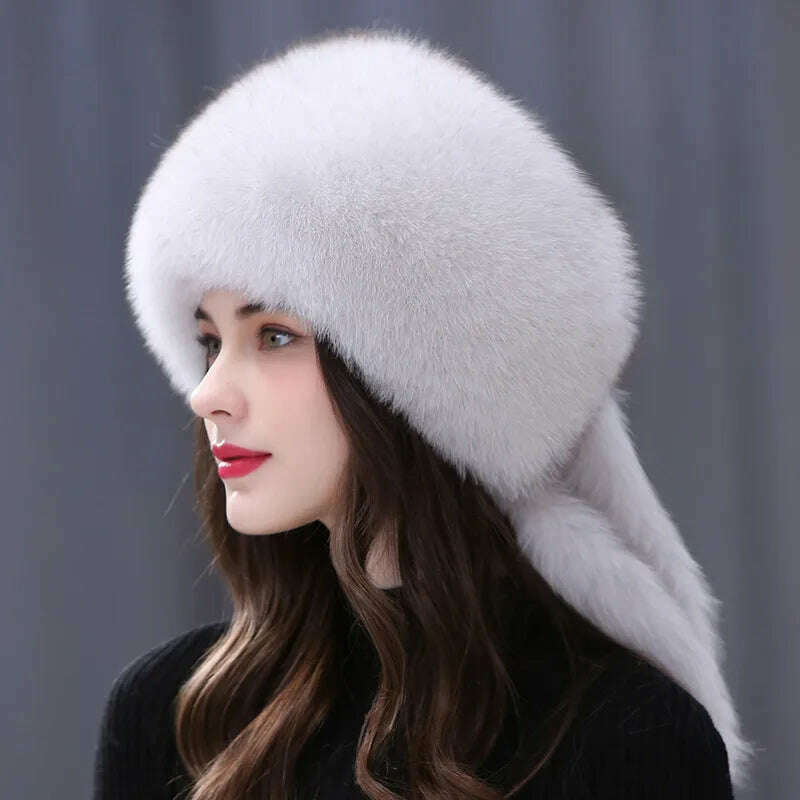 Winter Fur Hat Women Natural Raccoon Fox Fur Russian Hats Winter Outdoor Thick Warm Bomber Ears Caps - KIMLUD