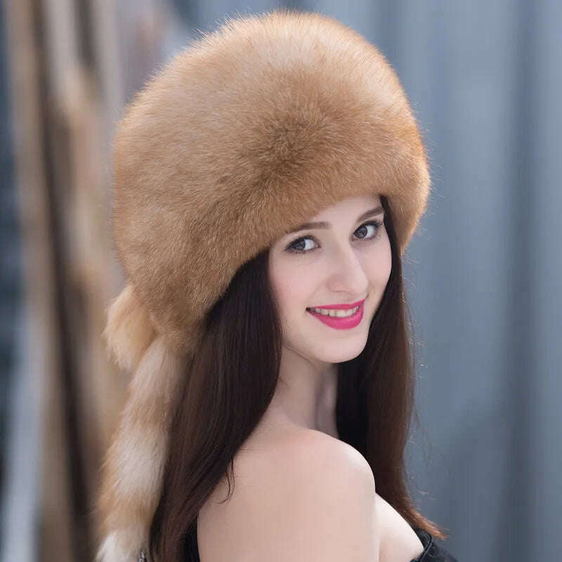 Winter Fur Hat Women Natural Raccoon Fox Fur Russian Hats Winter Outdoor Thick Warm Bomber Ears Caps, Color 2, KIMLUD Women's Clothes