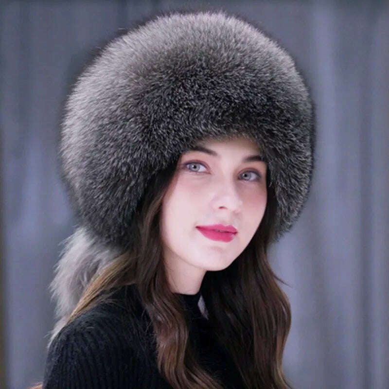 Winter Fur Hat Women Natural Raccoon Fox Fur Russian Hats Winter Outdoor Thick Warm Bomber Ears Caps - KIMLUD