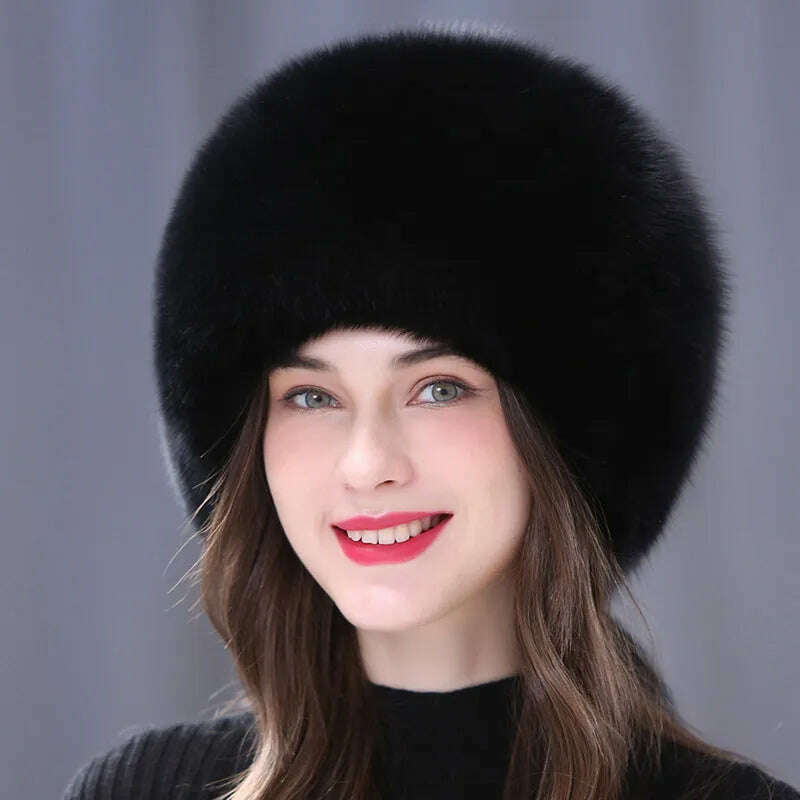 Winter Fur Hat Women Natural Raccoon Fox Fur Russian Hats Winter Outdoor Thick Warm Bomber Ears Caps, Black, KIMLUD Women's Clothes