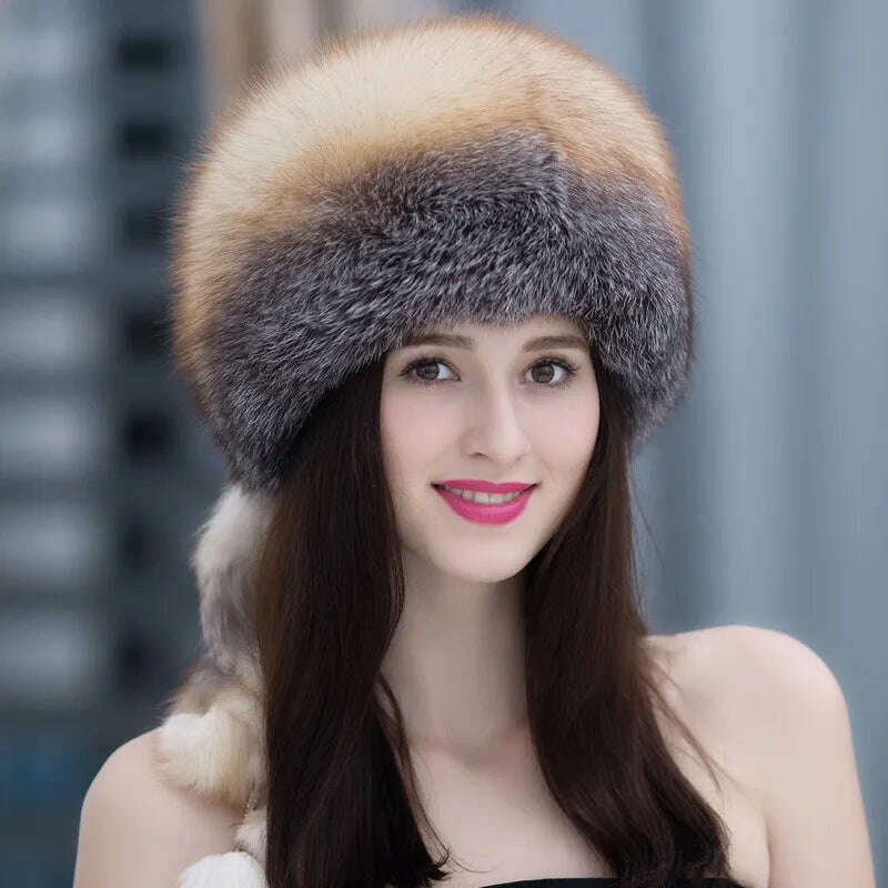 Winter Fur Hat Women Natural Raccoon Fox Fur Russian Hats Winter Outdoor Thick Warm Bomber Ears Caps, Color 1, KIMLUD Women's Clothes