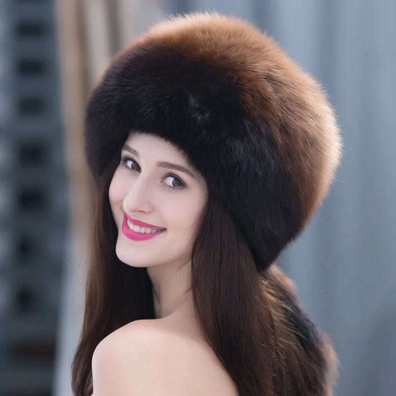 Winter Fur Hat Women Natural Raccoon Fox Fur Russian Hats Winter Outdoor Thick Warm Bomber Ears Caps - KIMLUD