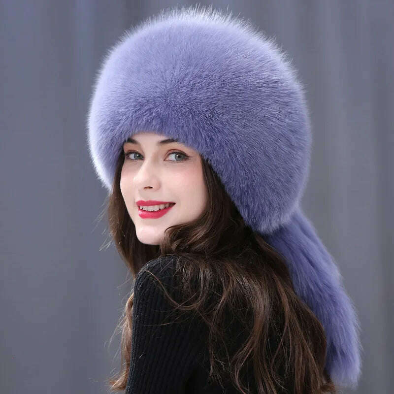 KIMLUD, Winter Fur Hat Women Natural Raccoon Fox Fur Russian Hats Winter Outdoor Thick Warm Bomber Ears Caps, Light Blue, KIMLUD Womens Clothes