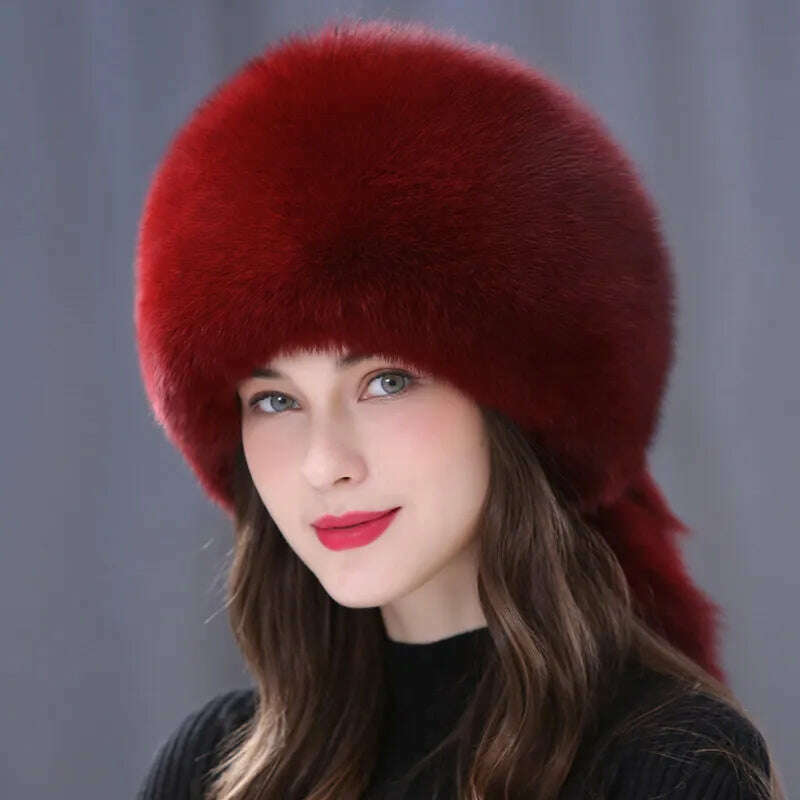 KIMLUD, Winter Fur Hat Women Natural Raccoon Fox Fur Russian Hats Winter Outdoor Thick Warm Bomber Ears Caps, Wine Red, KIMLUD Womens Clothes