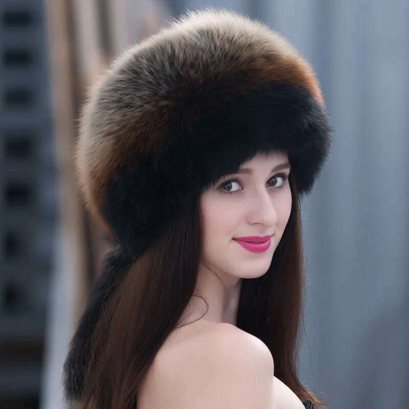 Winter Fur Hat Women Natural Raccoon Fox Fur Russian Hats Winter Outdoor Thick Warm Bomber Ears Caps, Color 5, KIMLUD Women's Clothes
