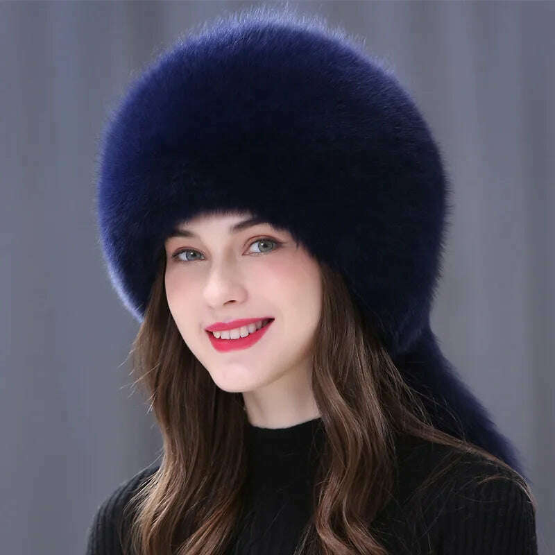 Winter Fur Hat Women Natural Raccoon Fox Fur Russian Hats Winter Outdoor Thick Warm Bomber Ears Caps, Blue, KIMLUD Women's Clothes