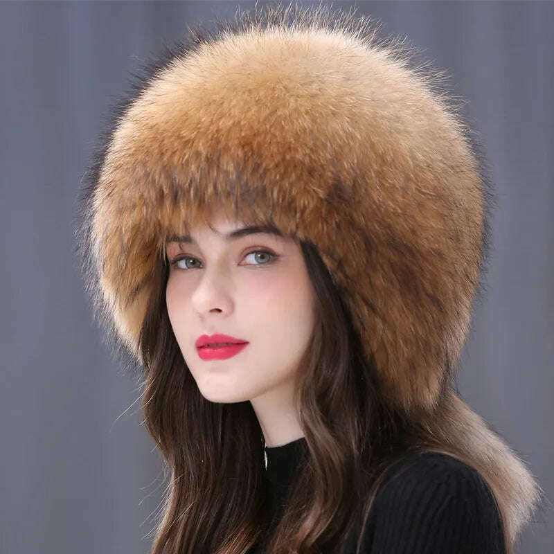 KIMLUD, Winter Fur Hat Women Natural Raccoon Fox Fur Russian Hats Winter Outdoor Thick Warm Bomber Ears Caps, Natural Raccoon, KIMLUD Womens Clothes