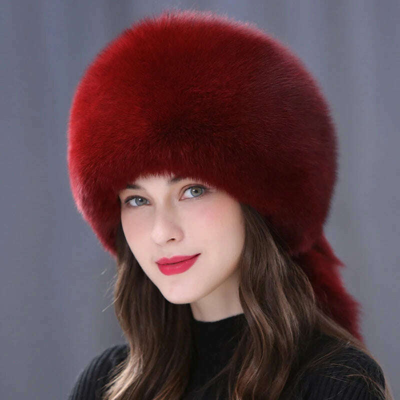 Winter Fur Hat Women Natural Raccoon Fox Fur Russian Hats Winter Outdoor Thick Warm Bomber Ears Caps - KIMLUD