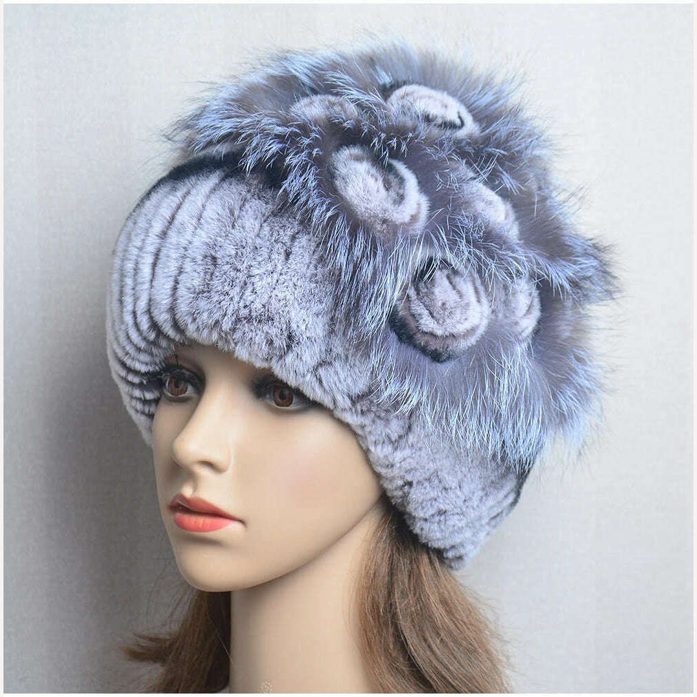 KIMLUD, Winter Fur Hat Women Natural Rex Rabbit Fur Hats Elastic Knitted Hat Cap Floral Design Winter Accessories Bonnets Fur Wholesale, KIMLUD Womens Clothes