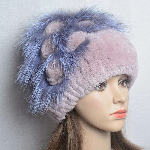 KIMLUD, Winter Fur Hat Women Natural Rex Rabbit Fur Hats Elastic Knitted Hat Cap Floral Design Winter Accessories Bonnets Fur Wholesale, beige pink / Elastic(54-60cm), KIMLUD Women's Clothes