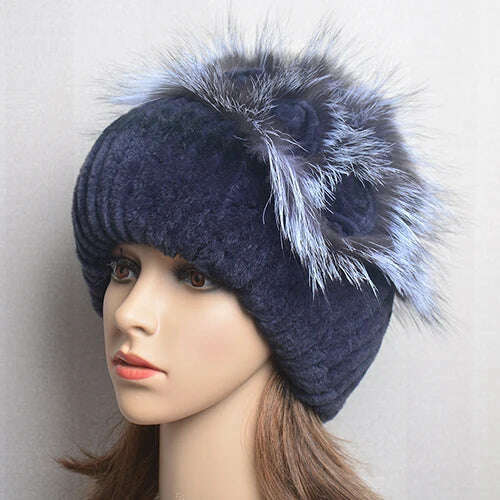 KIMLUD, Winter Fur Hat Women Natural Rex Rabbit Fur Hats Elastic Knitted Hat Cap Floral Design Winter Accessories Bonnets Fur Wholesale, dark blue / Elastic(54-60cm), KIMLUD Women's Clothes