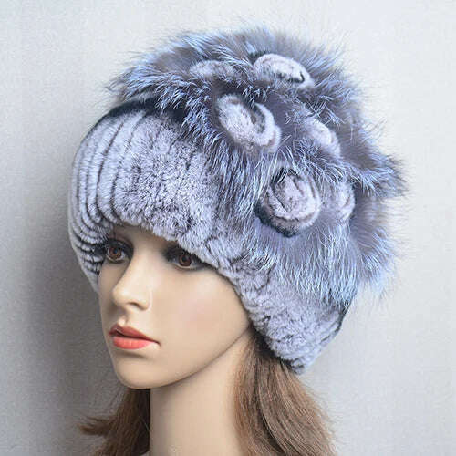 KIMLUD, Winter Fur Hat Women Natural Rex Rabbit Fur Hats Elastic Knitted Hat Cap Floral Design Winter Accessories Bonnets Fur Wholesale, grey black / Elastic(54-60cm), KIMLUD Women's Clothes