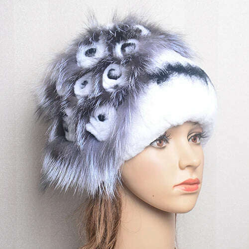 KIMLUD, Winter Fur Hat Women Natural Rex Rabbit Fur Hats Elastic Knitted Hat Cap Floral Design Winter Accessories Bonnets Fur Wholesale, white black / Elastic(54-60cm), KIMLUD Womens Clothes