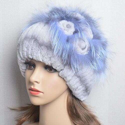 KIMLUD, Winter Fur Hat Women Natural Rex Rabbit Fur Hats Elastic Knitted Hat Cap Floral Design Winter Accessories Bonnets Fur Wholesale, light grey / Elastic(54-60cm), KIMLUD Women's Clothes