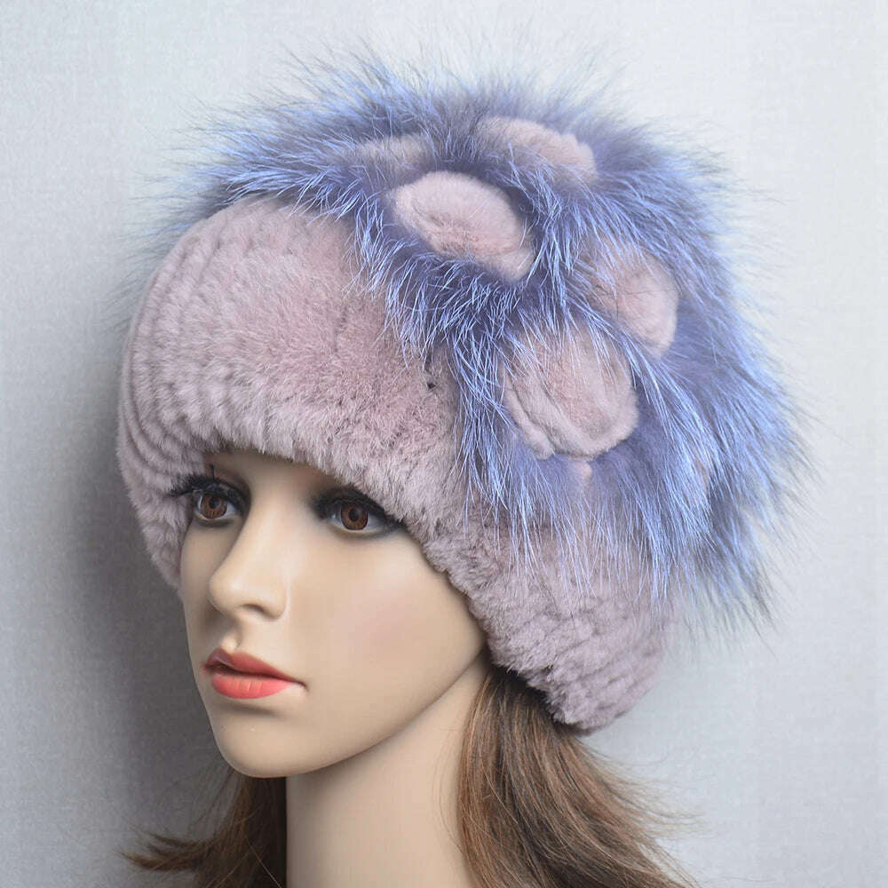 KIMLUD, Winter Fur Hat Women Natural Rex Rabbit Fur Hats Elastic Knitted Hat Cap Floral Design Winter Accessories Bonnets Fur Wholesale, KIMLUD Womens Clothes