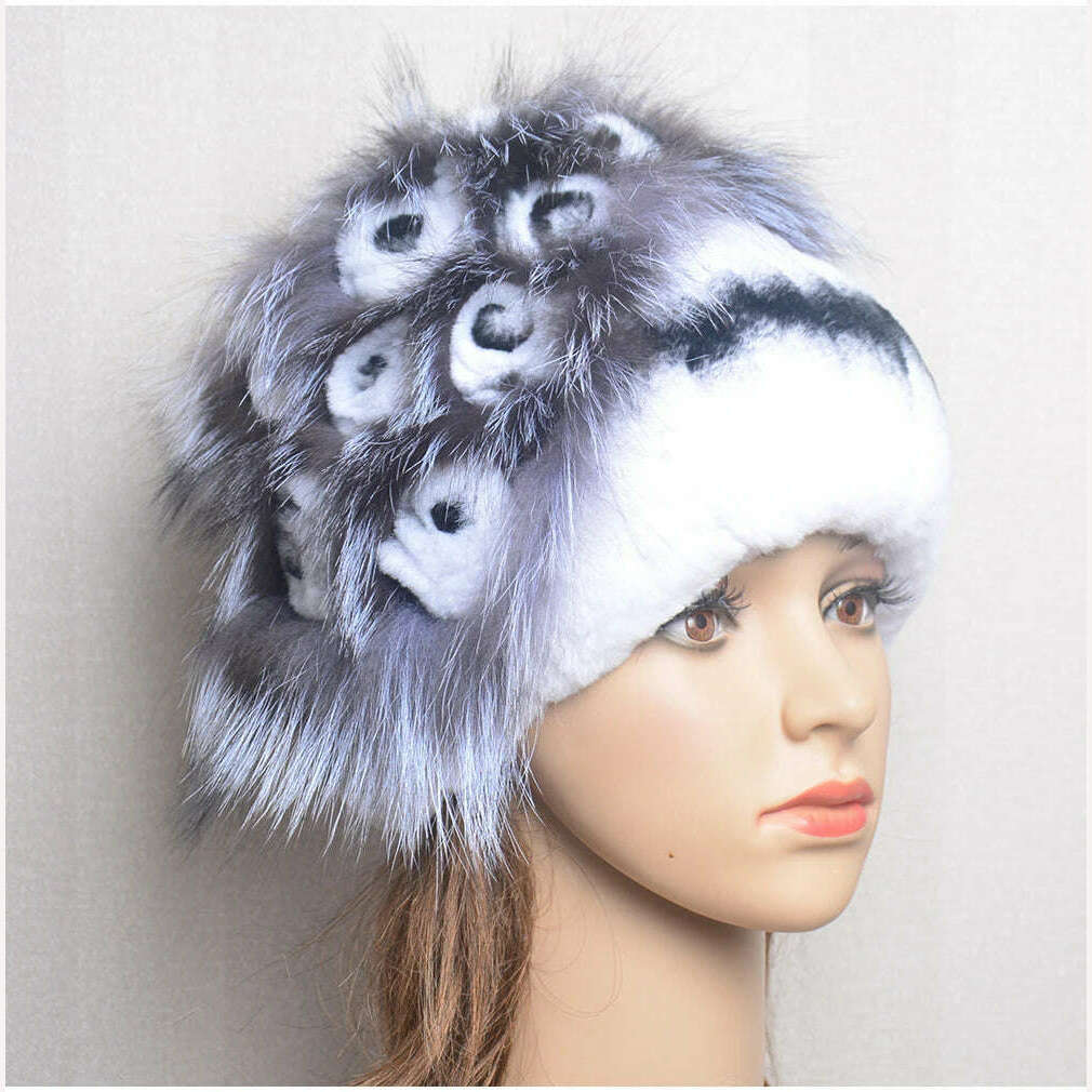 KIMLUD, Winter Fur Hat Women Natural Rex Rabbit Fur Hats Elastic Knitted Hat Cap Floral Design Winter Accessories Bonnets Fur Wholesale, KIMLUD Womens Clothes