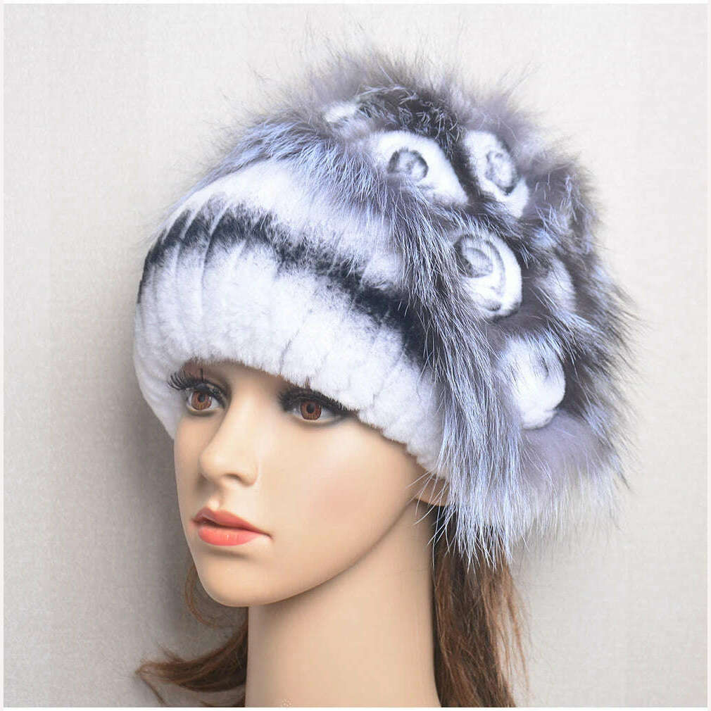 KIMLUD, Winter Fur Hat Women Natural Rex Rabbit Fur Hats Elastic Knitted Hat Cap Floral Design Winter Accessories Bonnets Fur Wholesale, KIMLUD Women's Clothes