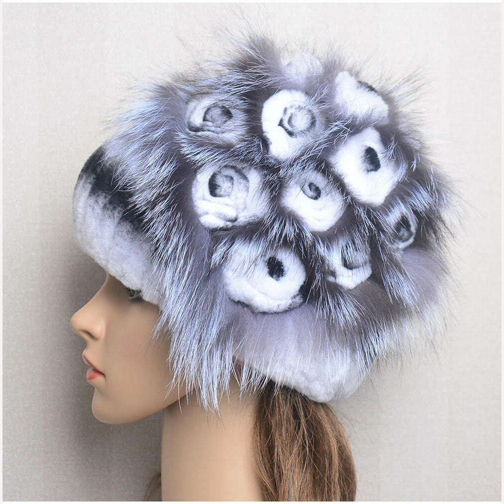KIMLUD, Winter Fur Hat Women Natural Rex Rabbit Fur Hats Elastic Knitted Hat Cap Floral Design Winter Accessories Bonnets Fur Wholesale, KIMLUD Womens Clothes