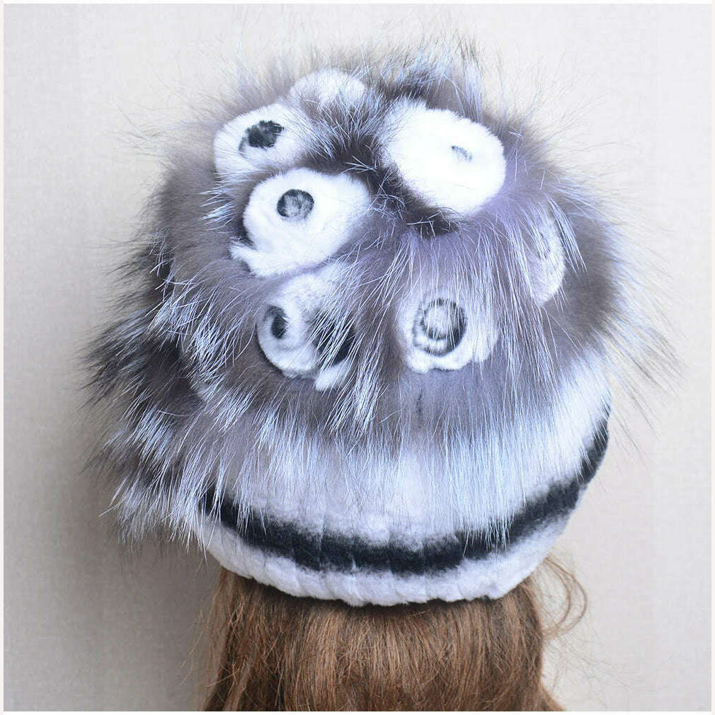 KIMLUD, Winter Fur Hat Women Natural Rex Rabbit Fur Hats Elastic Knitted Hat Cap Floral Design Winter Accessories Bonnets Fur Wholesale, KIMLUD Womens Clothes