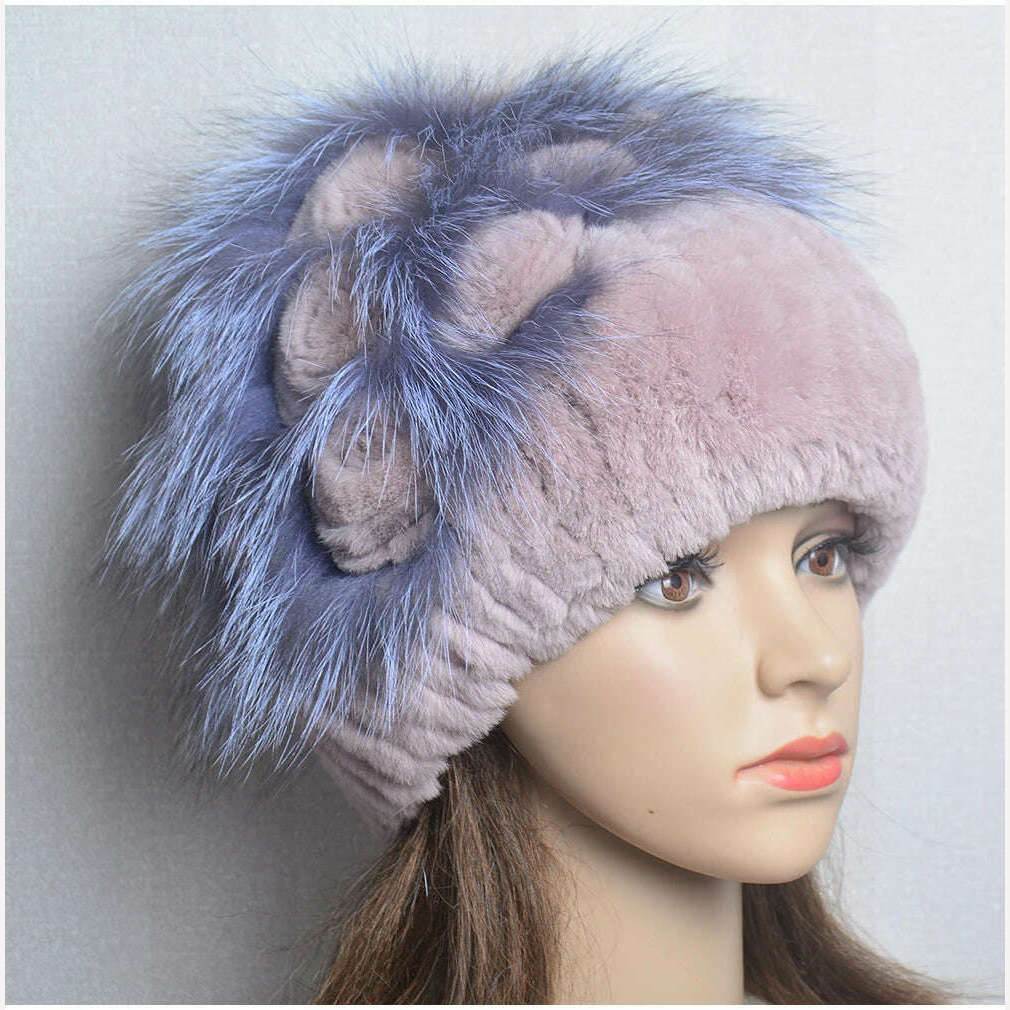 KIMLUD, Winter Fur Hat Women Natural Rex Rabbit Fur Hats Elastic Knitted Hat Cap Floral Design Winter Accessories Bonnets Fur Wholesale, KIMLUD Women's Clothes