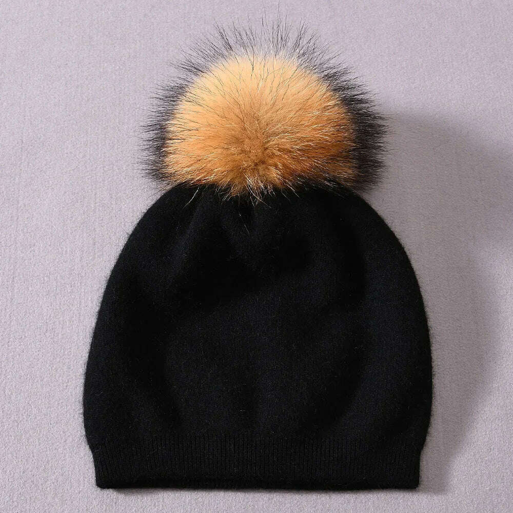 KIMLUD, Winter Hat Beanie Plain Knitted Autumn Winter Warm Cashmere Soft Slouchy Skull Caps Beanies Men Women Street Hats, Black-natural pom, KIMLUD Womens Clothes