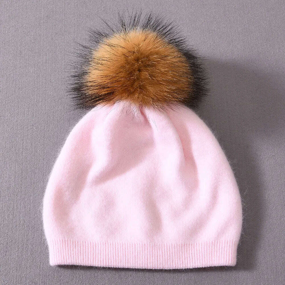 KIMLUD, Winter Hat Beanie Plain Knitted Autumn Winter Warm Cashmere Soft Slouchy Skull Caps Beanies Men Women Street Hats, Baby pink-naturalpom, KIMLUD Womens Clothes