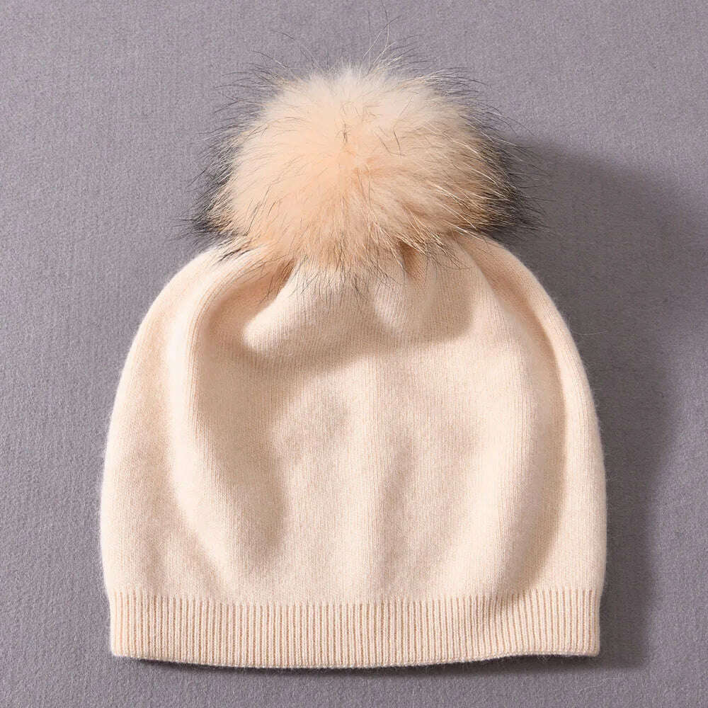 KIMLUD, Winter Hat Beanie Plain Knitted Autumn Winter Warm Cashmere Soft Slouchy Skull Caps Beanies Men Women Street Hats, Beige-match pom, KIMLUD APPAREL - Womens Clothes