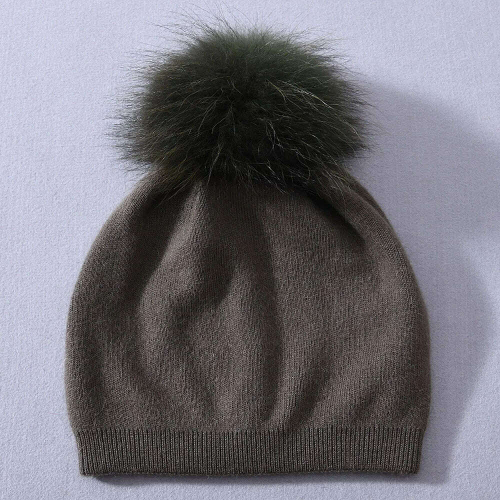 KIMLUD, Winter Hat Beanie Plain Knitted Autumn Winter Warm Cashmere Soft Slouchy Skull Caps Beanies Men Women Street Hats, Army green match fur, KIMLUD Womens Clothes