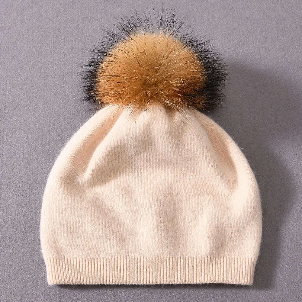 KIMLUD, Winter Hat Beanie Plain Knitted Autumn Winter Warm Cashmere Soft Slouchy Skull Caps Beanies Men Women Street Hats, Beige-natural pom, KIMLUD Womens Clothes