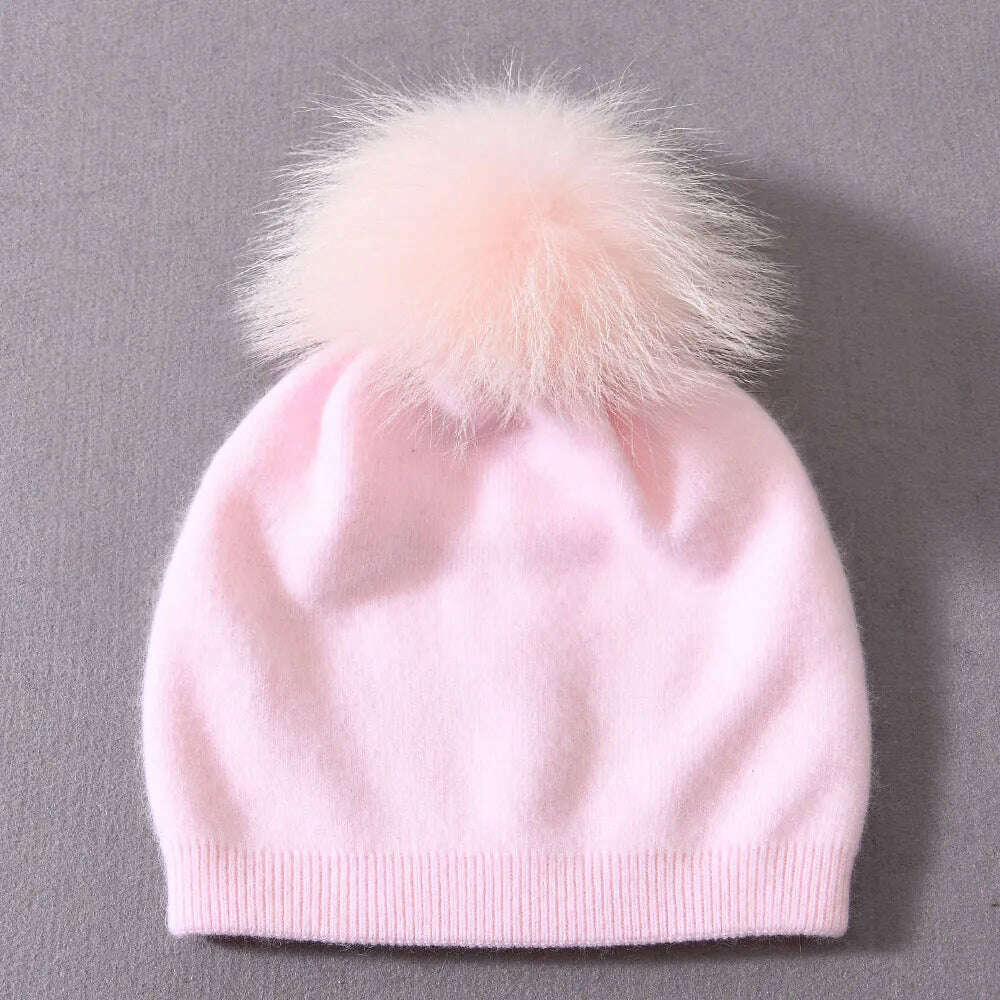 KIMLUD, Winter Hat Beanie Plain Knitted Autumn Winter Warm Cashmere Soft Slouchy Skull Caps Beanies Men Women Street Hats, Baby pink-match pom, KIMLUD Womens Clothes