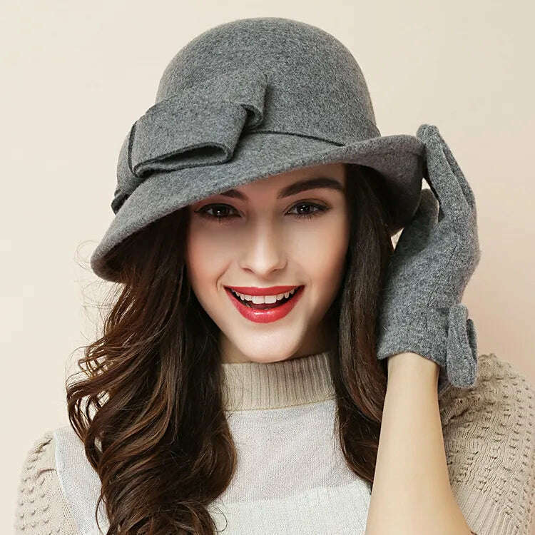 Winter Hat for Women 1920s Gatsby Style Flower Warm Wool Fedora Winter Cap Ladies Church Hats Cloche Bonnet Femme Felt Fedoras - KIMLUD