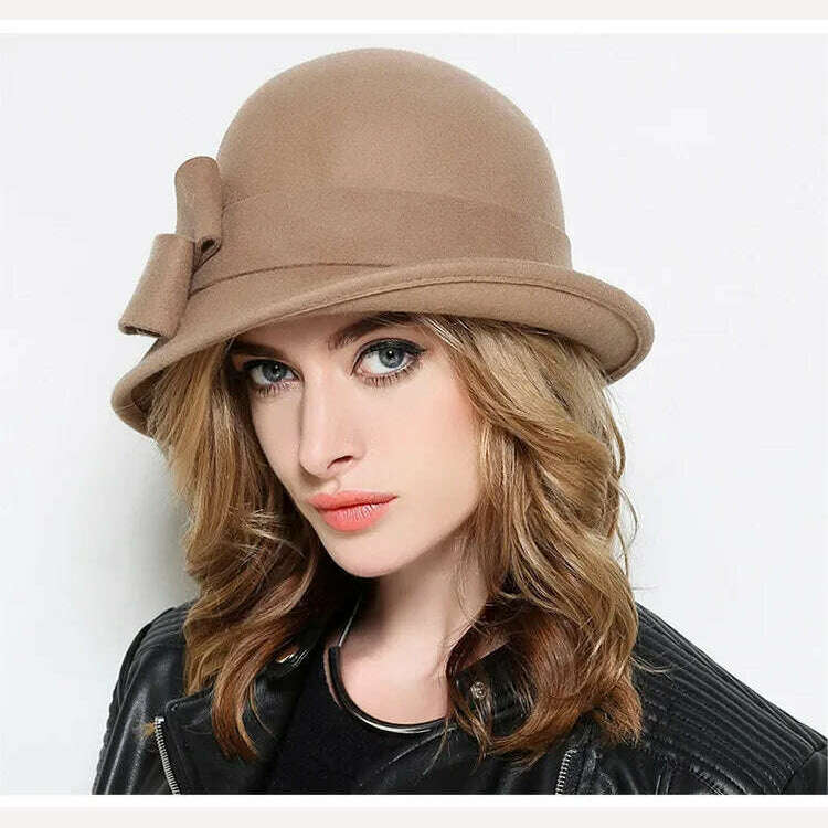 KIMLUD, Winter Hat for Women 1920s Gatsby Style Flower Warm Wool Fedora Winter Cap Ladies Church Hats Cloche Bonnet Femme Felt Fedoras, KIMLUD Womens Clothes