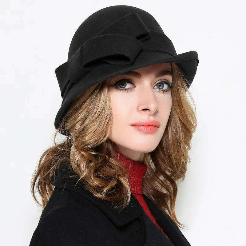 Winter Hat for Women 1920s Gatsby Style Flower Warm Wool Fedora Winter Cap Ladies Church Hats Cloche Bonnet Femme Felt Fedoras - KIMLUD