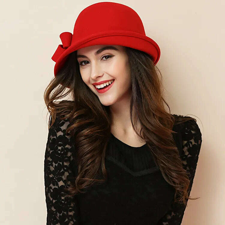 Winter Hat for Women 1920s Gatsby Style Flower Warm Wool Fedora Winter Cap Ladies Church Hats Cloche Bonnet Femme Felt Fedoras - KIMLUD