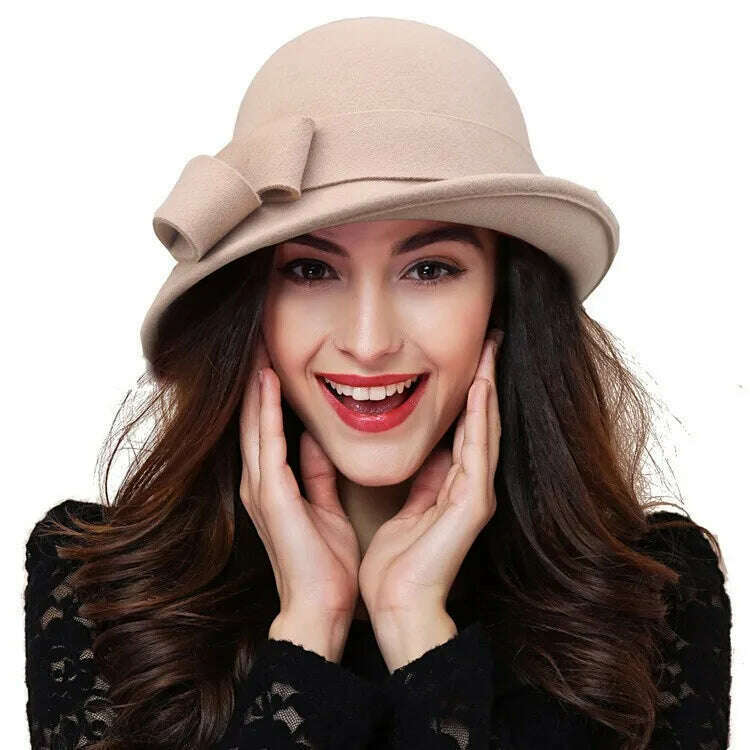 KIMLUD, Winter Hat for Women 1920s Gatsby Style Flower Warm Wool Fedora Winter Cap Ladies Church Hats Cloche Bonnet Femme Felt Fedoras, KIMLUD Womens Clothes