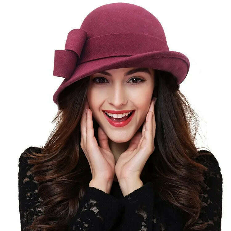 KIMLUD, Winter Hat for Women 1920s Gatsby Style Flower Warm Wool Fedora Winter Cap Ladies Church Hats Cloche Bonnet Femme Felt Fedoras, KIMLUD Womens Clothes