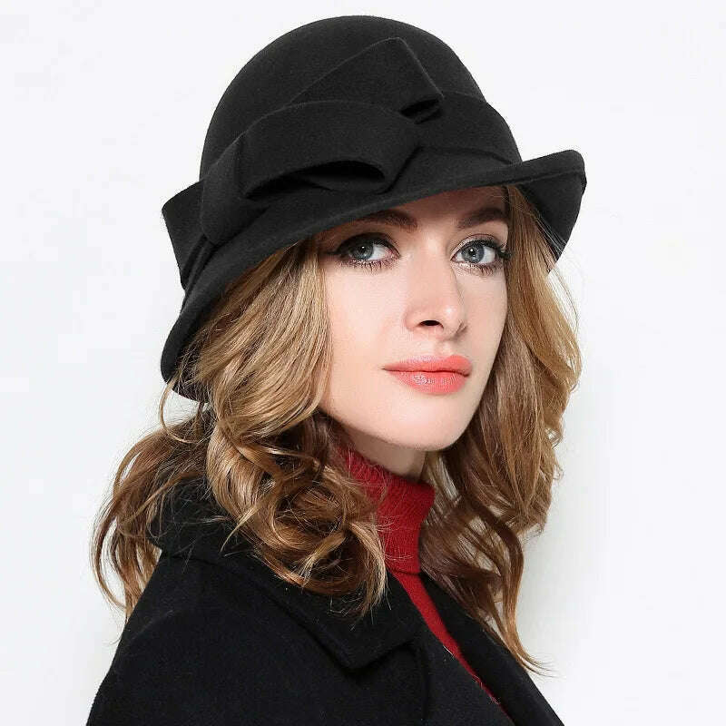 KIMLUD, Winter Hat for Women 1920s Gatsby Style Flower Warm Wool Fedora Winter Cap Ladies Church Hats Cloche Bonnet Femme Felt Fedoras, KIMLUD Womens Clothes