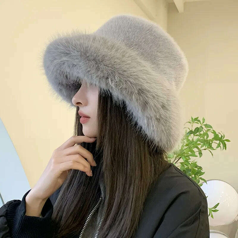 KIMLUD, Winter Hat for Women Faux Fur Fluffy Bucket Hat for Women Luxury Plush Hat Thicken Snow Oversized Fur Bucket Hat Soft Panama Cap, KIMLUD Womens Clothes