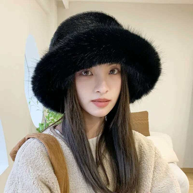 KIMLUD, Winter Hat for Women Faux Fur Fluffy Bucket Hat for Women Luxury Plush Hat Thicken Snow Oversized Fur Bucket Hat Soft Panama Cap, KIMLUD Womens Clothes