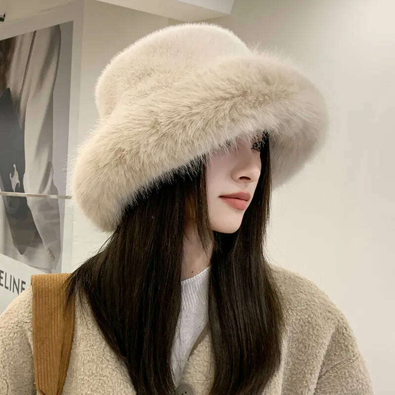 KIMLUD, Winter Hat for Women Faux Fur Fluffy Bucket Hat for Women Luxury Plush Hat Thicken Snow Oversized Fur Bucket Hat Soft Panama Cap, KIMLUD Womens Clothes