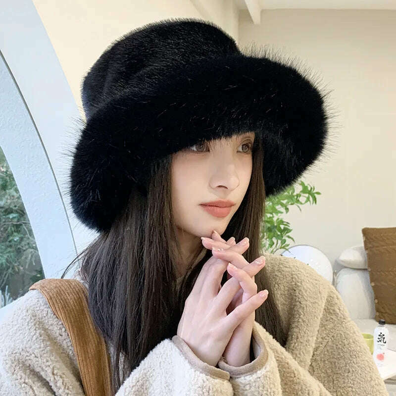 KIMLUD, Winter Hat for Women Faux Fur Fluffy Bucket Hat for Women Luxury Plush Hat Thicken Snow Oversized Fur Bucket Hat Soft Panama Cap, color2 / 54-59cm, KIMLUD Womens Clothes