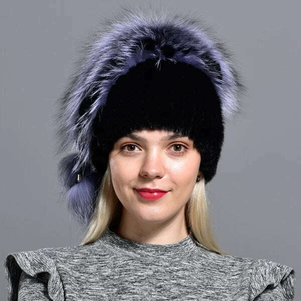 KIMLUD, winter hat mink women knitted fox fur pompom warm cap floral fashionable fluffy elegant female genuine natural fur hats caps, Black, KIMLUD Womens Clothes